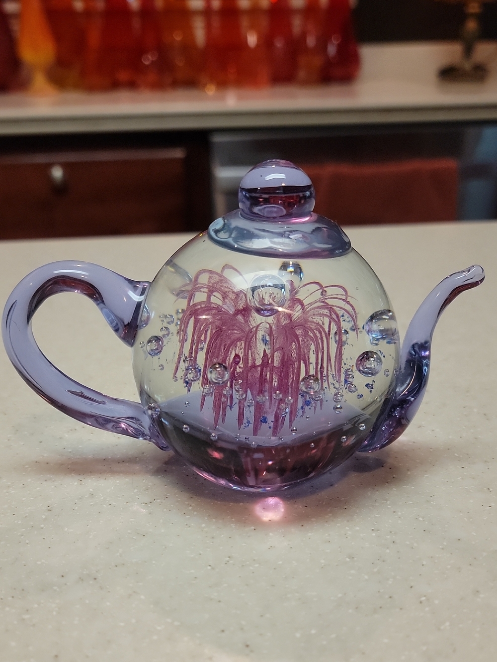 Lavender and Pink Hand-Blown Glass Teapot Sculpture